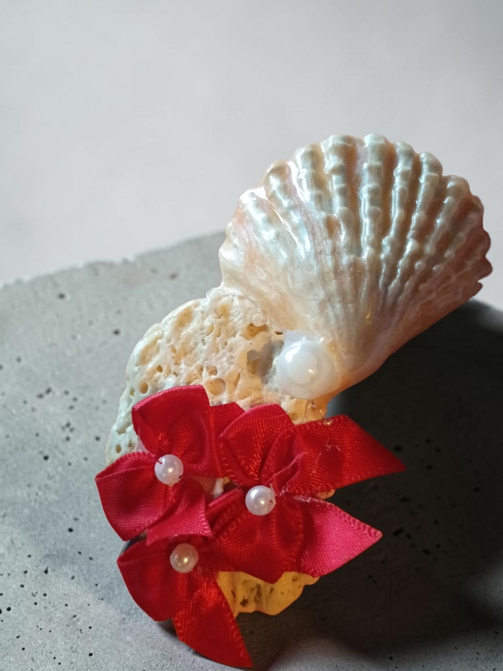 Red Satin Flower Hair Clip with Pearl Centers for Kids